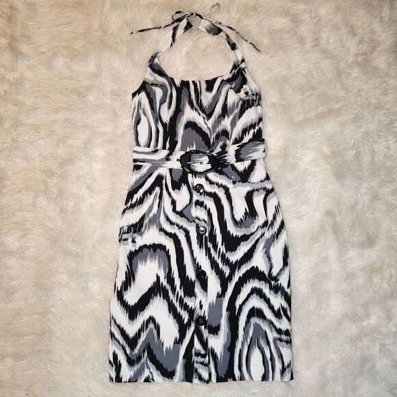New Cache Y2K Abstract Belted Halter Mini Dress - Picture 2 of 11
